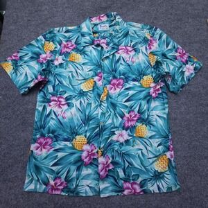 Hawaii Aloha Shirt Mens XL Blue Green Pineapple Hibiscus Short Sleeve Made USA